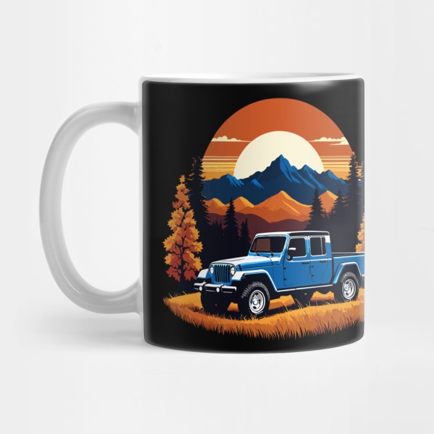 Jeep Gladiator Fall Mountain Scene With Retro Sunset by SunGraphicsLab